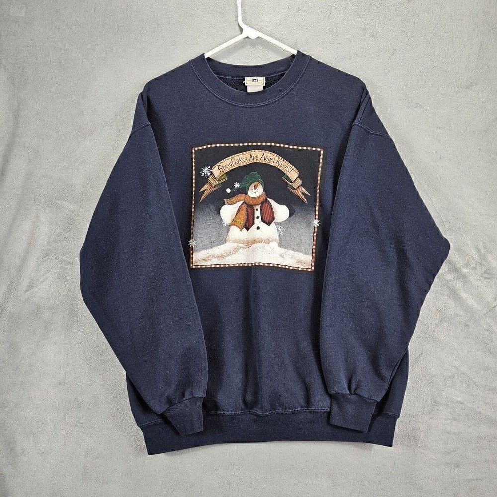 Vtg Lee Sweatshirt Womens Medium Blue Snowflakes Angel Kisses Crewneck Sweater